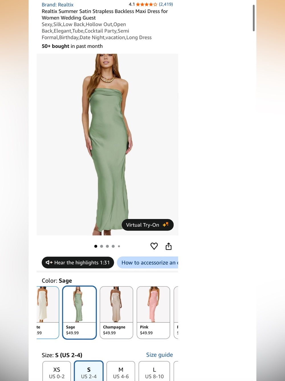 Realtix Sage Strapless Satin Backless Maxi Dress